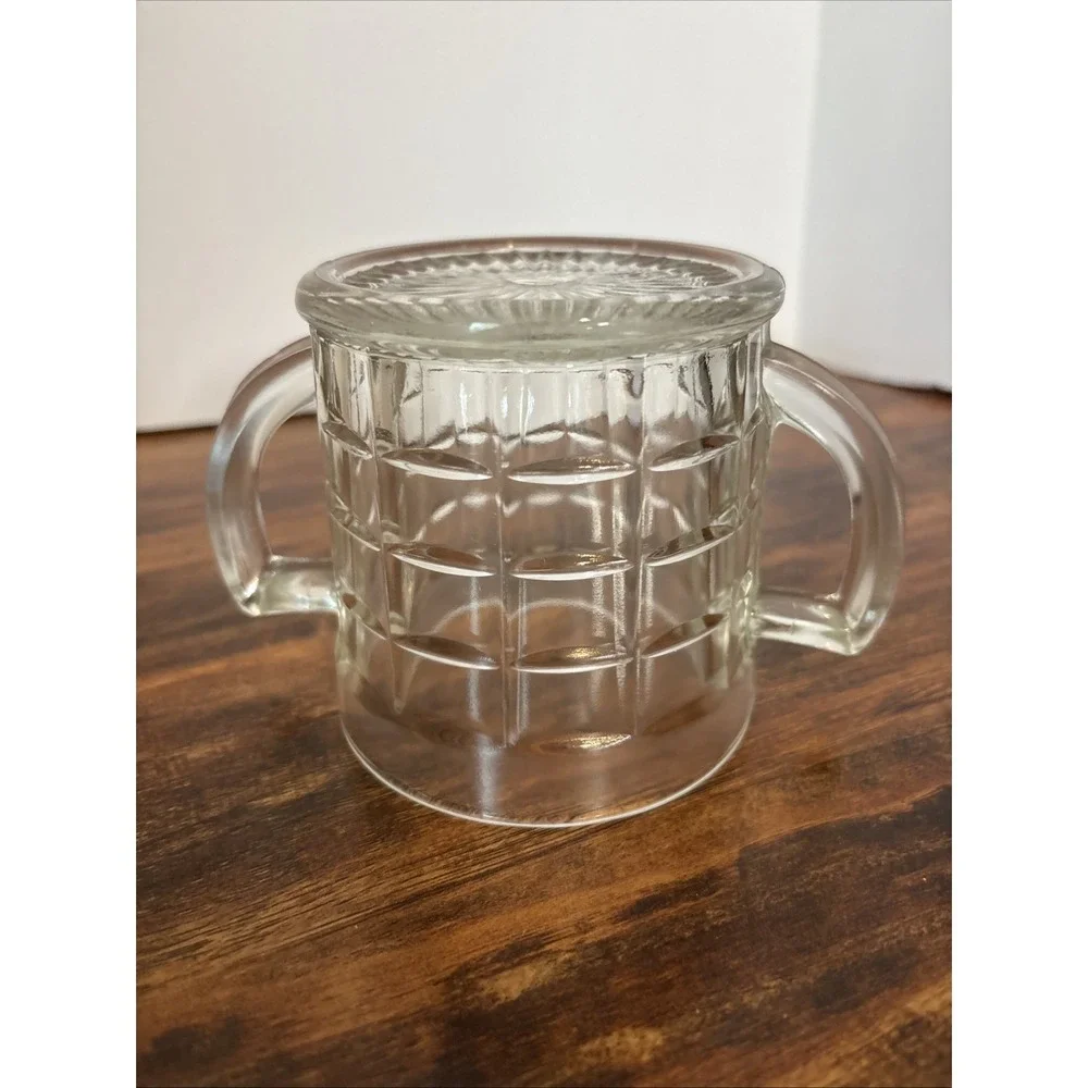 Vintage Federal Glass ClearWaffle Pattern Double Handle SugarBowl Starburst Base